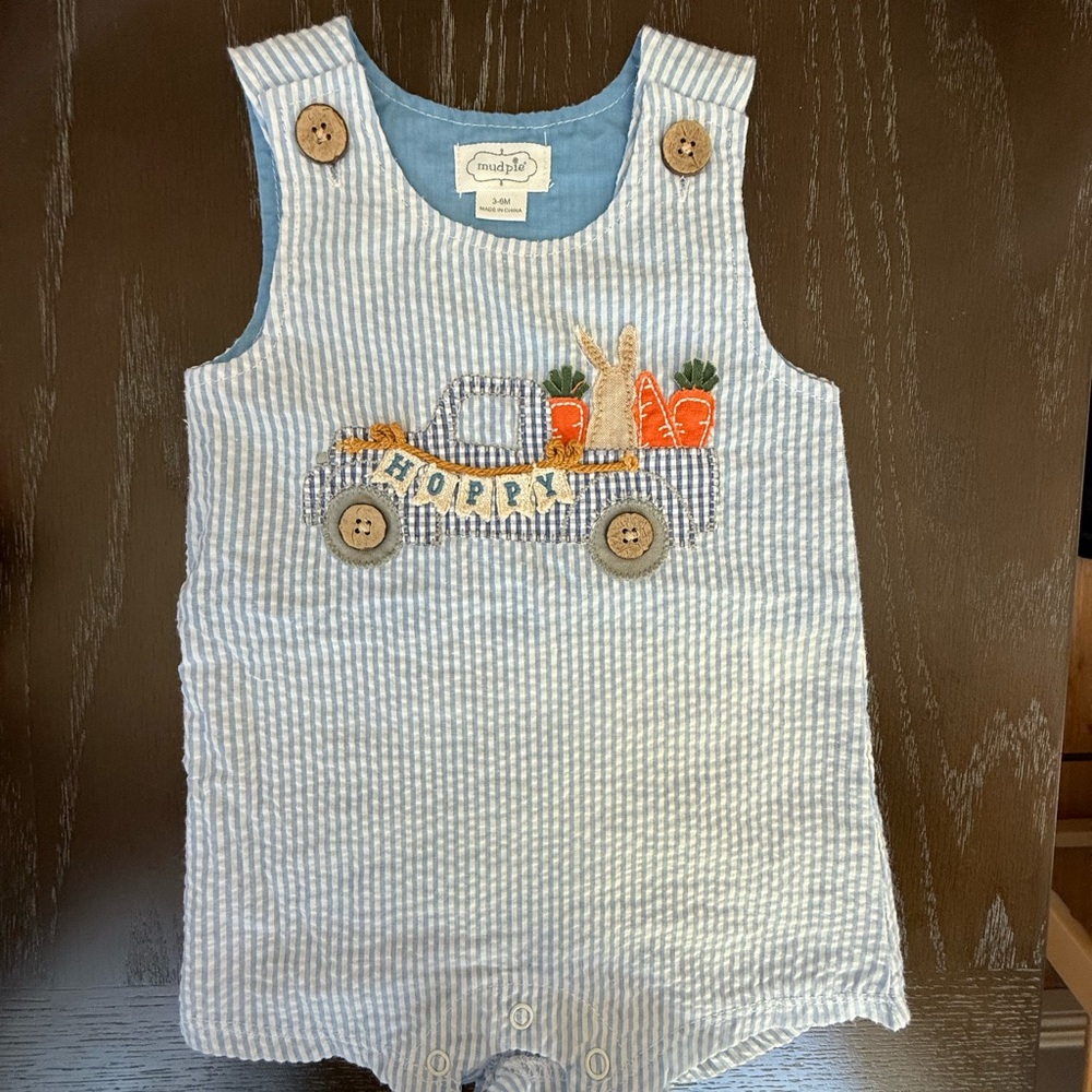 Mudpie Easter Seersucker Striped Baby Romper with Bunny Truck Design